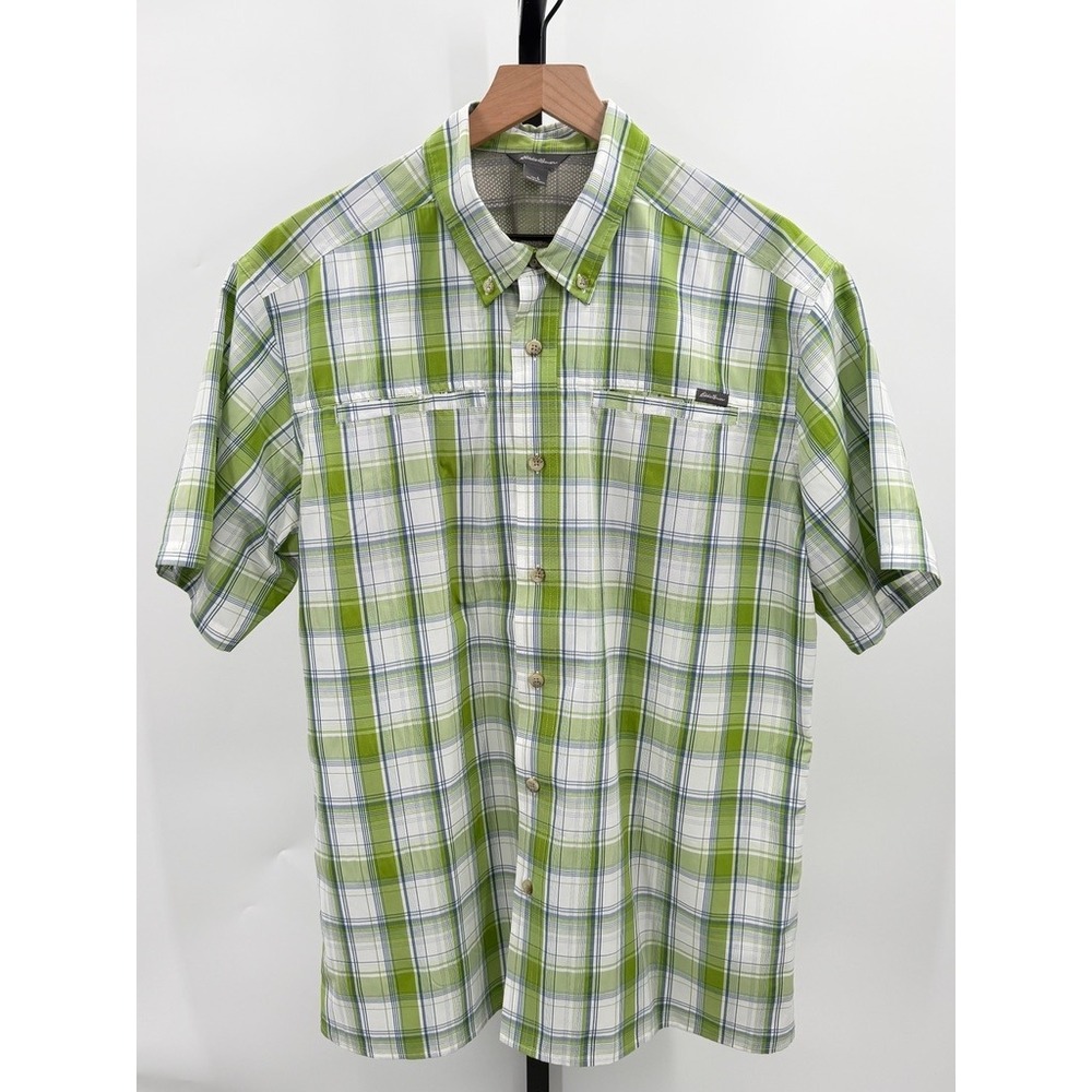 Eddie Bauer Green Plaid Vented Fishing Shirt Mens L Short Sleeve Outdoor Camp